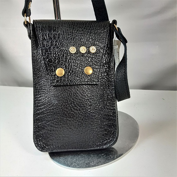 Custodia per smartphone in pelle di vacchetta stampata, colore nero.